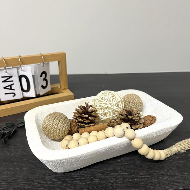 linsuo Wooden Dough Bowl Decor, Vintage Wooden Bowl Hand Carved Home Decor for Dining Table Center, Living Room, Kitchen Decor. (10inch white) - Image 5